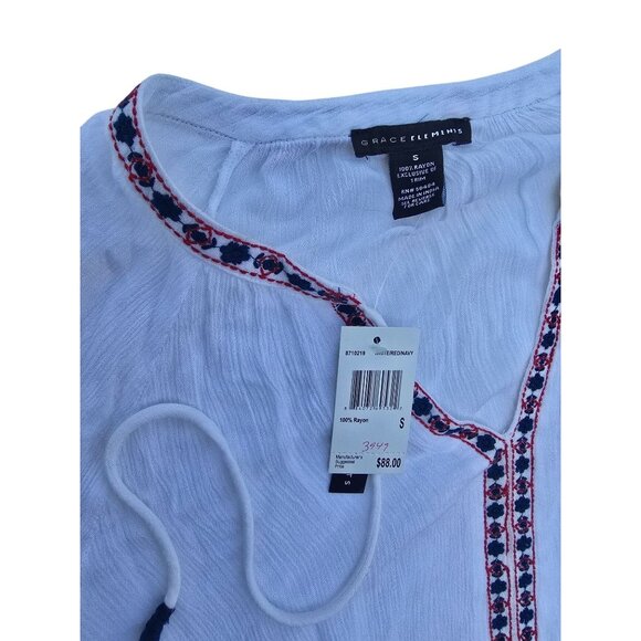 Grace Elements White Peasant Style Blouse With Embroidered Sleeves & Tassel Tie - Picture 3 of 5